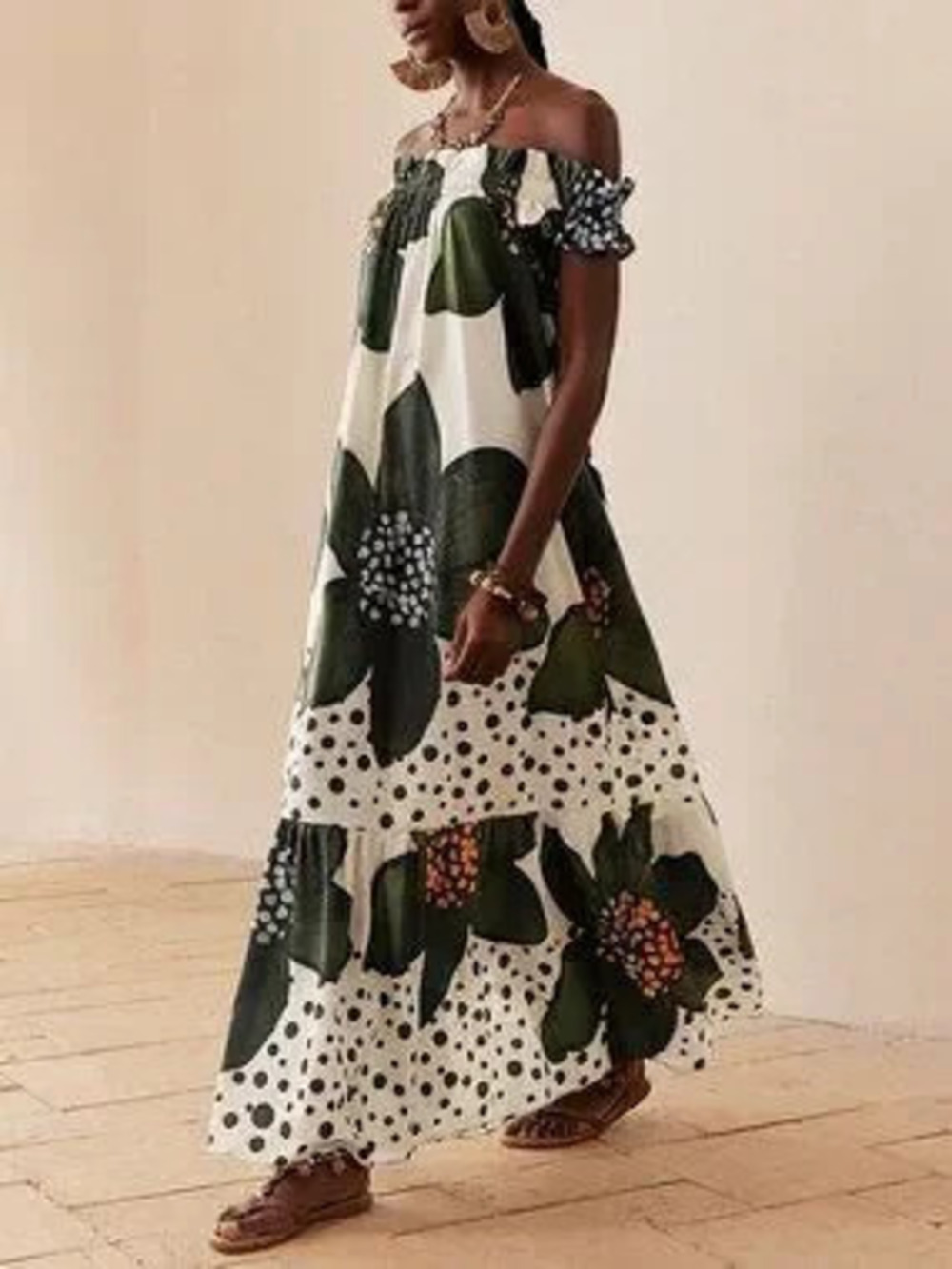 Multicolor Boho Women's Floral Print Off-Shoulder maxi Dress